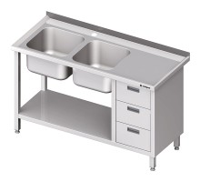 Galds ar divām izlietnēm, ar trīs atvilktņu bloku un plauktu 1400x600x850 mm, Stalgast, 981106140