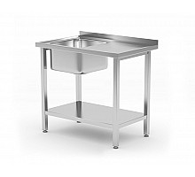 Table with 1 sink bowl and a shelf – screwed, depth: 600 mm, HENDI, Budget Line, sink bowl on the left side, 800x600x(H)850mm