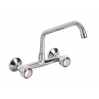 TWO HOLES WALL MOUNTED TAP WITH SWINGING "C" SPOUT ø20x250, ROUND HANDLE. 203,20mm WHEELBASE