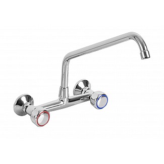 TWO HOLES WALL MOUNTED TAP WITH SWINGING "C" SPOUT ø20x300, ROUND HANDLE. 203,20mm WHEELBASE