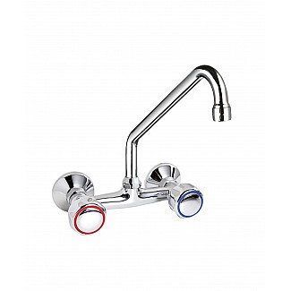 TWO HOLES WALL MOUNTED TAP WITH SWINGING “C” SPOUT Ø18X250, ROUND HANDLE. 150mm WHEELBASE