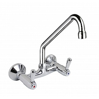 TWO HOLES WALL MOUNTED TAP WITH SWINGING “C” SPOUT Ø18X250,  LEVER HANDLE. 150mm WHEELBASE