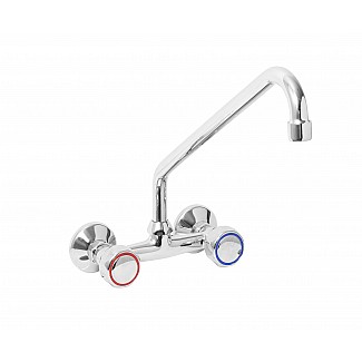 TWO HOLES WALL MOUNTED TAP WITH SWINGING “C” SPOUT Ø18X300, ROUND HANDLE. 150mm WHEELBASE
