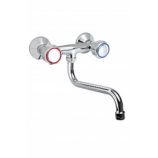 TWO HOLES WALL MOUNTED TAP WITH SWINGING “S” SPOUT Ø18X250, ROUND HANDLE. 150mm WHEELBASE