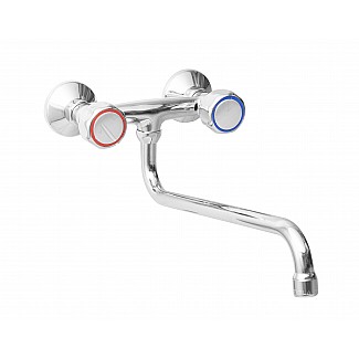 TWO HOLES WALL MOUNTED TAP WITH SWINGING “S” SPOUT Ø18X300, ROUND HANDLE. 150mm WHEELBASE
