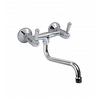 TWO HOLES WALL MOUNTED TAP WITH SWINGING “S” SPOUT Ø18X250, LEVER HANDLE. 150mm WHEELBASE