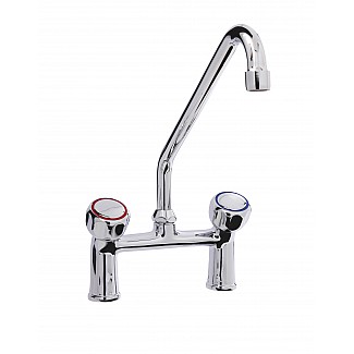 TWO HOLES TAP WITH SWINGING "C" SPOUT Ø18X250, ROUND HANDLE. 155mm WHEELBASE
