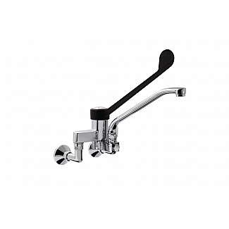 TWO HOLES WALL MOUNTED MIXER WITH SWINGING SPOUT, PLASTIC (PA6) CLINICAL LEVER. 155mm WHEELBASE