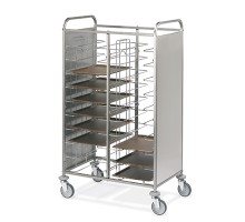 Aisi 304 stainless steel tray trolley, capacity 20 universal trolleys, shelf spacing cm 11, stainless steel panels on two sides, Metalcarrelli, 1475U-PI