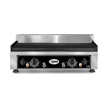 Grilplāksne gluda - ar 2 atsevišķi regulējamām sildīšanas zonām - čuguna cepšanas virsma - tauku pilienu paliktnis - nerūsējošā tērauda korpuss