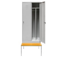 Drošu apģērbu skapis BHP J-80 uz stenda ar soliņu, divdurvju ar nodalījumiem, pelēks S-80 cm G-80 cm H-223 cm skrūvēts N
