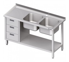 Table with two sinks right, with block of three drawers and shelf 1400x600x850 mm, Stalgast, 981096140