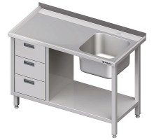 Single sink table (r) with upstand, three-drawer unit and undershelf 1000x600x850 mm, Stalgast, 982366100