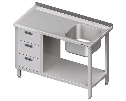 Single sink table (r) with upstand, three-drawer unit and undershelf 1600x600x850 mm, Stalgast, 982366160