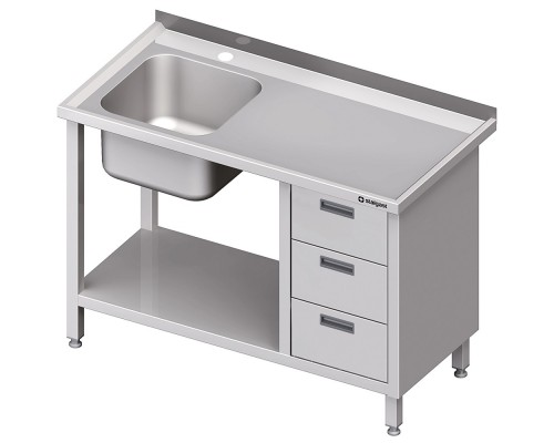 Single sink table (l) with upstand, three-drawer unit and undershelf 1400x700x850 mm, Stalgast, 982377140