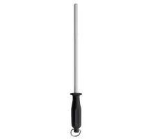 Sharpening steel: 12" round, black handle with ring, HQT, 12" mm