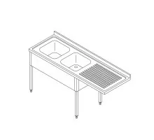 Dishwasher Table - 200 x 70cm - Left - with 2 Sinks and Backsplash - incl Storage Shelf
