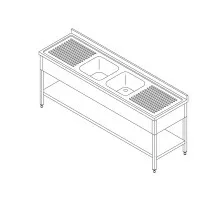 Dishwasher Table - 210 x 70cm - with 2 Sinks and Backsplash - incl Storage Shelf