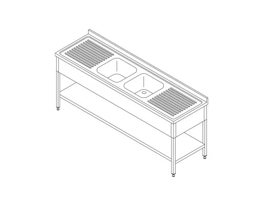 Dishwasher Table - 210 x 70cm - with 2 Sinks and Backsplash - incl Storage Shelf Dishwasher Table - 210 x 70cm - with 2 Sinks and Backsplash - incl Storage Shelf