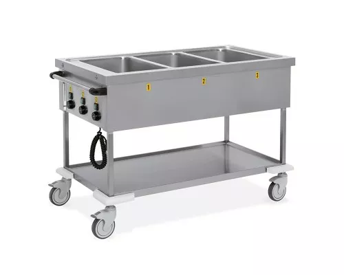 3x gn 1/1 bain marie ratiņi ar atsevišķām iedobēm un 2 bremzētiem riteņiem., Metalcarrelli, 7375-F 3x gn 1/1 bain marie ratiņi ar atsevišķām iedobēm un 2 bremzētiem riteņiem., Metalcarrelli, 7375-F