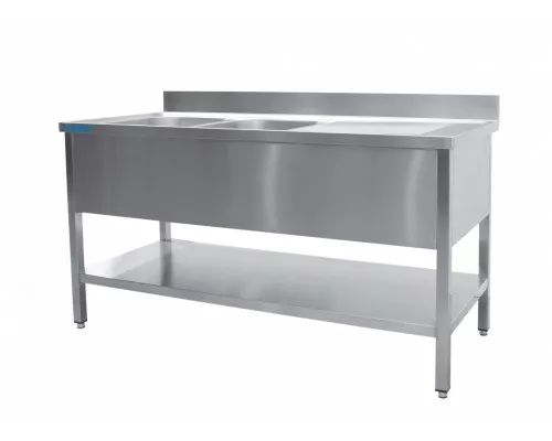 SARO Spoeltafel met twee wasbakken, links <br> - 700 mm diepte, 1600 mm SARO Spoeltafel met twee wasbakken, links <br> - 700 mm diepte, 1600 mm