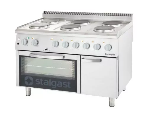 kuchnia elektryczna, 6-polowa z piekarnikiem elektrycznym, 15.6+7 kW 6 degļu elektriskā plīts 1200x700x850 ar elektrisko cepeškrāsni 15, 6+7 kw (3 apkures sistēmas), Stalgast, 9717000