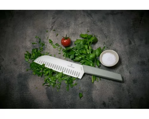 Swiss modern, нож сантоку, рифленая кромка, 17 см, оливковый, блистер, Victorinox, 6.9056.17K6B Swiss modern, нож сантоку, рифленая кромка, 17 см, оливковый, блистер, Victorinox, 6.9056.17K6B