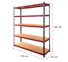 Basic Plus noliktavas plaukts H-180 cm L-150 cm G-45 cm 5 MDF plaukti 6,8 mm (275kg) grafīts/sarkans N