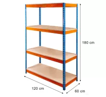 Pro Max noliktavas plaukts H-180 cm L-120 cm G-60 cm 4 plaukti ar skaidu plātnes 15 mm (500kg) zils/oranžs 2 kastes N
