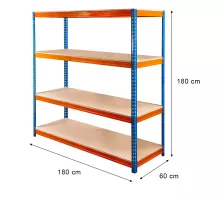 Pro Max noliktavu plaukts H-180 cm L-180 cm G-60 cm 4 plaukti no skaidu plātnes 15 mm (500kg) zils/oranžs 2 kastes N