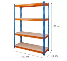 Pro Max noliktavas plaukts H-180 cm L-120 cm G-45 cm 4 plaukti no skaidu plātnes 15 mm (500kg) zils/oranžs 2 kastes N