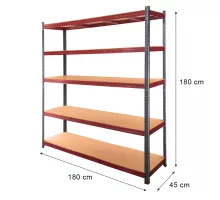 Basic Plus H-180 warehouse rack cm L-180 cm G-45 cm 5 MDF shelves 6.8 mm (275kg) graphite/red N