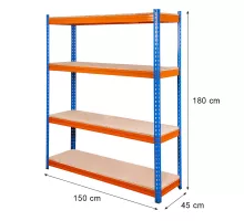 Pro Max noliktavas plaukts H-180 cm L-150 cm G-45 cm 4 plaukti no koka skaidu plātnes 15 mm (500kg) zils/oranžs 2 kartoni N