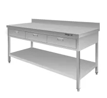 Wall-mounted stainless steel table with 3 drawers and shelf S-180 cm G-60 cm H-85 cm N