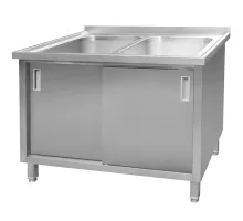 Two-chamber wall-mounted welded stainless steel sink with cabinet S-120 cm G-70 cm H-85 cm N