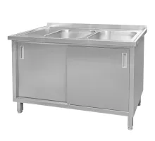 Two-chamber stainless steel wall-mounted sink with cabinet S-140 cm G-70 cm H-85 cm N
