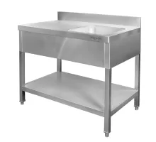 Wall-mounted stainless steel table with a sink on the right and a shelf S-120 cm G-70 cm H-85 cm N