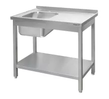 Sienas nerūsējošā tērauda galds ar izlietni kreisajā pusē un ar plauktu metināts S-120 cm G-60 cm H-85 cm N