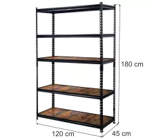 Pro Loft noliktavas plaukts H-180 cm L-120 cm D-45 cm 5 MDF plaukti 6,2 mm koka finieris (275kg) melns N