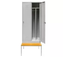 Drošu apģērbu skapis BHP J-80 uz stenda ar soliņu, divdurvju ar nodalījumiem, pelēks S-80 cm G-80 cm H-223 cm skrūvēts N