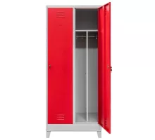 BHP apģērbu skapis J-80 uz kājām stāvēšanas pamata, 2 durvju ar nodalījumiem, pelēks/sarkans priekšpuse S-80 cm G-50 cm H-190 cm ieskrūvējams N