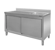 Wall-mounted stainless steel table with a sink on the right side and cabinet S-140 cm G-60 cm H-85 cm N
