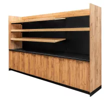 Exhibition-sale cashier shelving H- 230 cm L- 364 cm G- 63 cm oak craft / black N