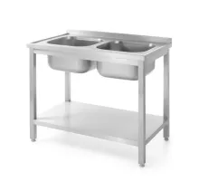 Table with 2 sinks, with shelf – bolted, Kitchen Line, 1000x700x(H)850mm