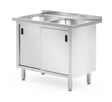 Table with 2 sinks, cabinet – welded, with sliding doors, Profi Line, 1000x600x(H)850mm