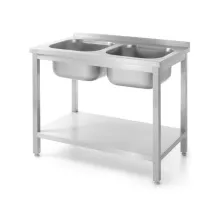 Table with 2 sinks and shelf – bolted, Budget Line, two sink bowls, 1000x600x(H)850mm