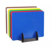 6 griešanas dēlīšu komplekts HACCP ar statīvu, 6 gab., 450x300x(H)10mm, taisnstūra formas