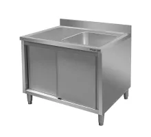 Nerūsējošā tērauda pie sienas novietots galds ar izlietni labajā pusē un skapīti S-120 cm G-70 cm H-85 cm N