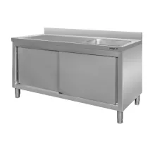 Pie sienas uzstādīts nerūsējošā tērauda galds ar izlietni labajā pusē un skapi S-160 cm G-60 cm H-85 cm N