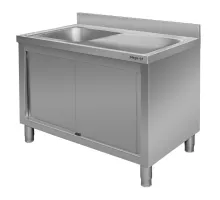 Nerūsējošā tērauda sienas galds ar izlietni kreisajā pusē un ar skapīti S-120 cm G-70 cm H-85 cm N